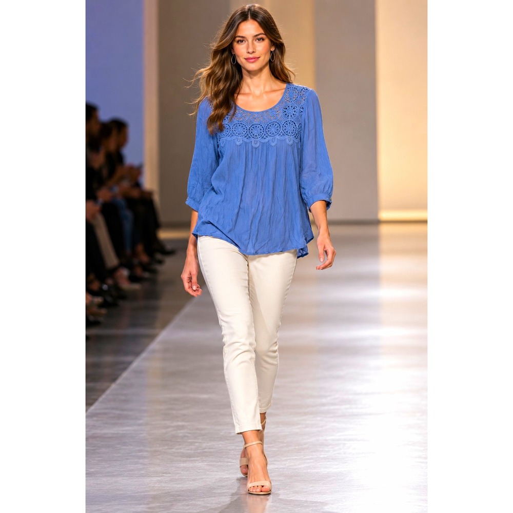 Figueroa & Flower Women's Blue Lace Yoke 3/4 Sleeve Pullover Blouse Size M